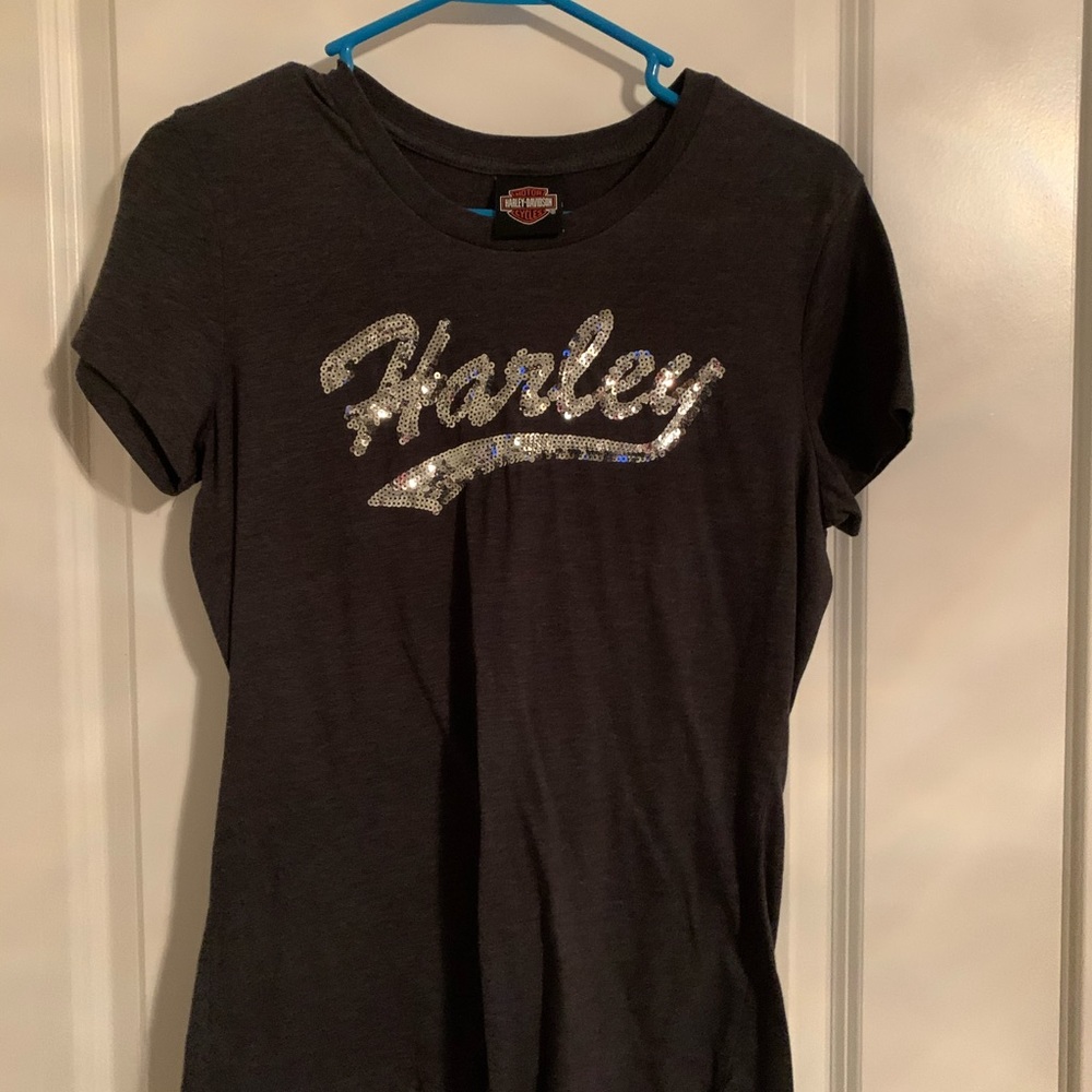 Gray Sequined Harley Davidson Top